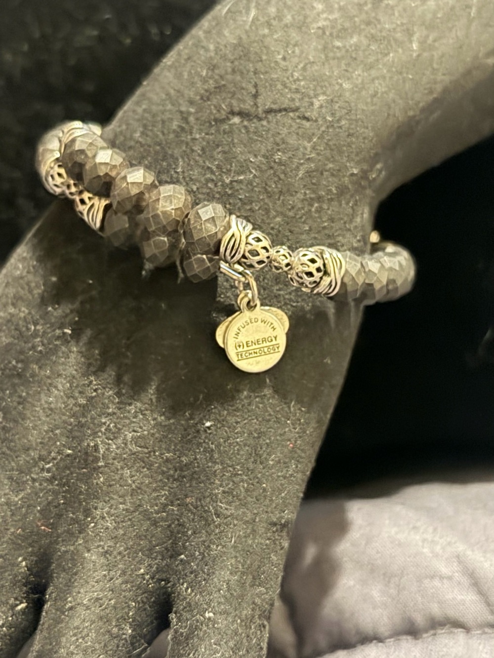 Alex and Ani Faceted Black Bead Bracelet with Silver Accent Charm